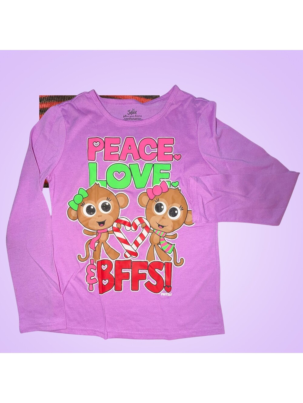 Justice Girls Size 12 Purple Peace Love BFFs Monkey Christmas Pajama Top